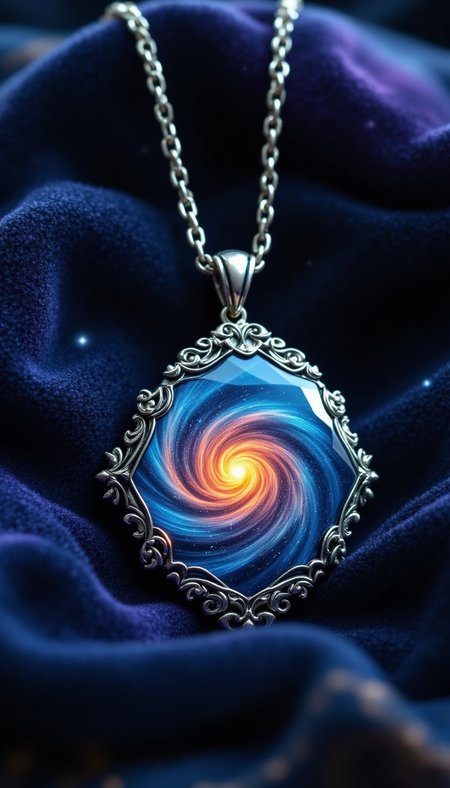 pinkfluxproultrafantasia, 
Enchanted Pendant: A silver pendant with a swirling galaxy inside, suspended over a velvet cloth.
