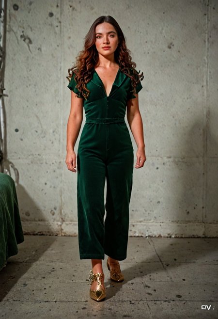 Brunette woman, slim, round ass, long brown wavy hair with dark auburn highlights, medium tits, wearing a dark green corduroy V-Neck Short-sleeved jumpsuit. Walking through the Place de la Concorde in Paris. Stylish, pretty, confident, gold scrappy fashion shoes,