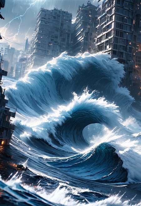 Colossal tsunami waves, towering and ominous, crashing into a densely packed cityscape. Massive wall of water, foam-capped and turbulent, dwarfing skyscrapers. Buildings buckling and shattering under the immense force of the waves. Debris and vehicles swept up in the churning waters. Panic-stricken people fleeing in the foreground. Dark, stormy sky with lightning flashes. Hyper-realistic digital painting, cinematic composition, extreme wide-angle view. Dynamic motion blur on the waves. Intense, dramatic lighting. Color palette: deep blues, grays, and white foam. Artists: Zdzisław Beksiński, Makoto Shinkai, J.M.W. Turner.