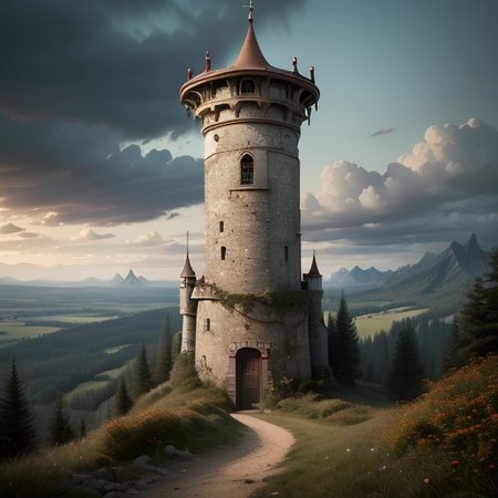 realistic analog photo, award winning photo, vary wide shot of (authoritarian) Cement witow (Military watchtower), fortified, building, scenery, dirt path, (hill top), nature, outdoors, RAW, highres, 8k, uhd, High Dynamic Range, tonemapping, crisp details,
