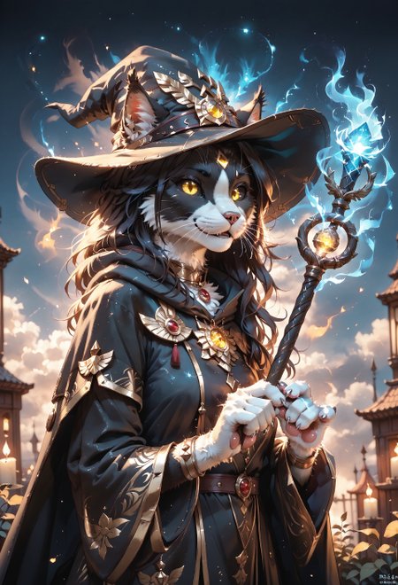 score_9, score_8_up, score_7_up, zPDXL3, fluffy, (handfixer:1.5), Magic Scepter, auralora, colorful, glowing masterpiece, best quality, ultra-detailed, 8K UHD, cinematic lighting, hyperrealistic shading, volumetric light, high contrast, HDR, depth of field, intricate textures, finely detailed fur, 
BREAK  
Ember (ESO), Anthro, Furry, feline, (yellow eyes:1.2), glowing eyes, black and white fur, black sclera, cat's tail, (low angle1.1), cloak. witch's hat, close-up, (perfect fingers:1.1), (five fingers:1.2), perfect paws, black aura
BREAK  
(masterpiece:1.4), (best quality:1.4), (ultra-detailed face and fur:1.5), (Unreal Engine 5 rendering style:1.3), (realistic lighting and shading:1.3), (cinematic focus:1.2), (4k resolution), (depth of field), (glowing edge light:1.2), (clean lineart), (illustration quality)