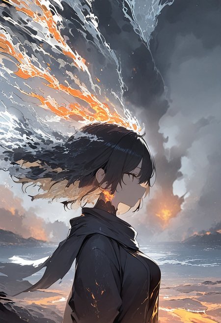 1girl, solo, vivid,
profile, looking away, closed mouth, water, scarf, dark, lava, ocean, glowing, upper body, torn clothes, glowing hair, long hair,
from side, smoke trail, masterpiece, best quality, high score, great score, absurdres