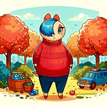 score_9, score_8_up, score_7_up, Shebbs, Maydine, Blue Hair, Hair Covering one eye, Red Sweater, Pants, Makeup, beauty mark, outside