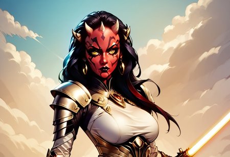 score_9,score_8_up,score_7_up,score_6_up,score_5_up, "Create an action-packed, anime-style poster of a fierce female Zabrak Sith Lord from the Star Wars universe. She has red skin with intricate Sith tattoos, glowing yellow eyes, and long, sharp horns crowning her head. She's in a dynamic pose, leaping through the air with her crimson lightsaber ignited, cutting through sparks and smoke. Her dark, flowing robes and battle armor cling to her toned body, blending seductive allure with lethal power. In the background, a stormy sky filled with lightning highlights an intense battle, with distant starships and explosions framing the chaos. The scene radiates both elegance and brutality, evoking the epic scale of a movie poster, with movie credits and multiple people, movie poster,"
