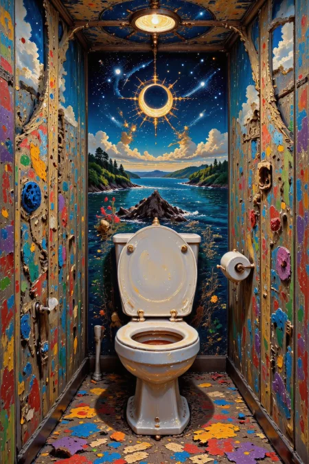 (toilet stall), beautiful Marshallese landscape,  bright luminous starry night, pretty woman, intricate, very detailed, sharp, colorful, multilayer surrealistic paint,  <lora:Hand v2:1> <lora:Anti-Blur:1> <lora:Insane Detail Slider:0.5>   <lora:Flux.1_Turbo_Detailer:0.6> <lora:flux-photo-transparent_Alpha_1.0:0.8> <lora:flux.1_lora_flyway_Epic-detail_v2:0.6>,  <lora:Painterly01b_CE_FLUX_AIT:0.8> pntrlyCE_style,  <lora:VividlySurreal:1>