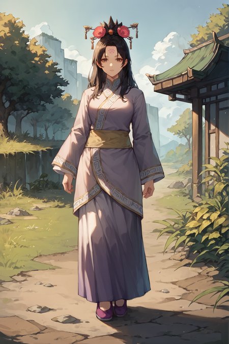 score_9, score_8_up, score_7_up, <lora:Yu_Meiren_Dynasty_Warriors:0.8> 1girl, solo, black hair, long hair, hair ornament, hair flower, brown eyes, forehead mark, chinese clothes, long sleeves, purple footwear, outdoors, looking at viewer