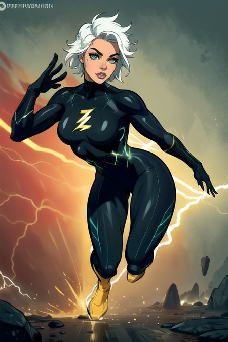 masterpiece,best quality,extreme detail,8k,image sharpness,<lora:flash-20:0.6>,flashwoman,1girl,solo,breasts,looking at viewer,white hair,gloves,lips,((black bodysuit)),animification,full body,standing pose,(curvy),electricity,cut hair,green eyes,running,