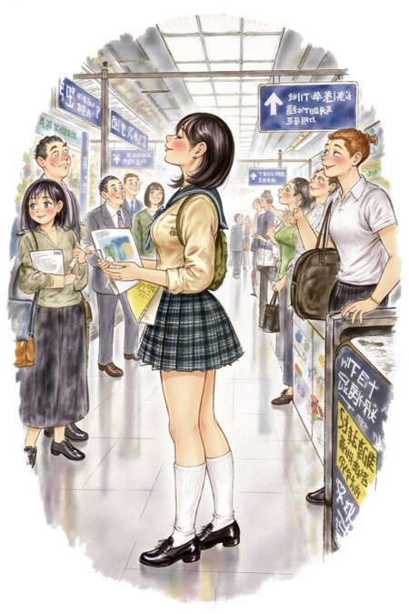 d0sn Illustration. Profile of a high school student in uniform, white socks and black shoes, standing in the middle of a train station, holding two acceptance letters--one for a local college and the other for an overseas university. The station is bustling with people moving in every direction, while she stands still, eyes closed, taking a deep breath as she tries to decide which future to follow  <lora:d0sn_illus7_cap_d6a3:1.0><lora:805782272134509663:0>
