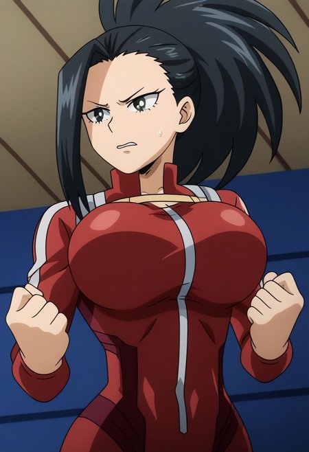 zPDXL,masterpiece, best quality, highly detailed, xtremehentai, ,anime 3d style1, best quality, highly detailed,dark theme, female focus, 1girl, yaoyorozu momo, chest up, 1girl ,black hair, long hair, ponytail, bangs, high pony tail, wide pony tail, angry, wavy lips, nervous, clutched fist to chest, black eyes, sweat, skinny waist, hourglass figure, slender, large breasts, huge breasts, skin tight, front, shoulder view, eye contact, parted lips, glistening skin, moonlit, parody, bodysuit, red tracksuit, track jacket, indoors, prison battleship, dark room, clear, 4k, good quality, detailed, >=, <lora:xtreme_hentai_pony:0.8> <lora:HerrscherAGGA2024_Plunder_HST_PONY_V1:1>Plunder_HentaiStyle, 
, <lora: yaoyorozu momo_OAV_:0.7>