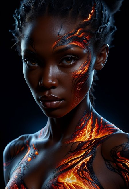 Close-up face, mysterious silhouette of a black woman ral-lava clothing, backlit, alluring goddess, by Minjae Lee, Carne Griffiths, Emily Kell, Steve McCurry, Geoffroy Thoorens, Aaron Horkey, Jordan Grimmer, Greg Rutkowski, amazing depth, double exposure, surreal, geometric patterns, intricately detailed, bokeh,  perfect balanced, deep fine borders, artistic photorealism , smooth,  great masterwork by Suiras  <lora:add-detail-xl:2>  <lora:Double_Exposure:0.5>