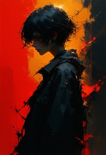 CLAMP’s hyper-stylized dynamism—jagged, angular linework, theatrical negative space, and exaggerated perspective distortions (Dutch tilt as emotional amplifier)—with Kuvshinov Ilya’s hauntingly tender realism, seen in iridescent skin textures and gradient-soaked halos that blur the line between digital painting and dreamscape. CLAMP’s influence manifests in Rukia’s razor-sharp silhouette and the fractured terrain’s graphic intensity, while Kuvshinov’s touch softens edges with chromatic aberration glows and molten light that caresses her frost-pale skin. The clash of CLAMP’s “visual noise” (lava cracks as ink-splatter violence) against Kuvshinov’s serene, almost AI-smooth gradients creates tension—a stylistic war mirroring her internal conflict, rendered in high-contrast chiaroscuro.
