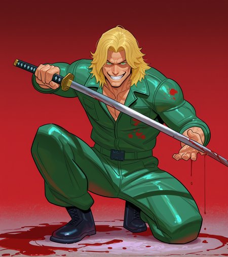 1boy, solo, muscular male, green jumpsuit, medium hair, blonde hair, katana, holding sword, on one knee, blood, blood splash, looking at viewer, grin, evil smile, sxy5tyle, masterpiece, best quality, very aesthetic, absurdres,  <lora:meinfischer:.8>