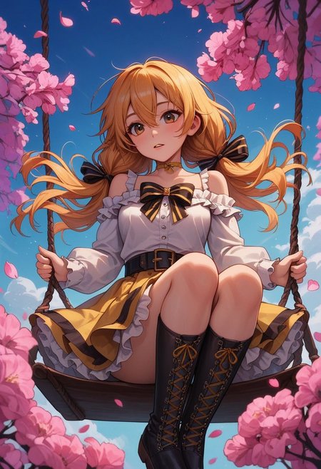 score_9_up, score_8_up, score_7_up, score_6_up, 1girl, 25 years old, perfect face, cute, petite, 
brown eyes,
yellow hair, long hair, low twintails, wavy hair, sidelocks,  floating hair, hair between eyes, hair ribbon, black ribbon, 
black ribbon, bow choker, yellow choker, 
cross-laced clothes, cross-laced legwear, striped clothes, 
bare shoulders, frilled sleeves, frills, off-shoulder shirt, 
white shirt, frilled shirt, puffy long sleeves, yellow bow, striped bow, yellow bowtie, 
frilled skirt, layered skirt, yellow skirt, pleated skirt, 
black belt, 
kneehighs, bow legwear, 
floating clothes, 
day, blue sky, cherry blossoms, falling petals, sitting, on swing, flower, grass, outdoors, spring (season), wind, 
parted lips,