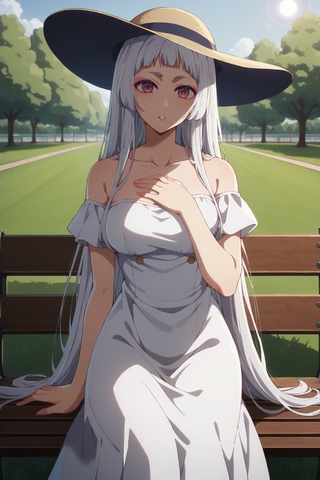 score_9, score_8_up, score_7_up, 1girl, prefect lighting, very aesthetic, intricate details, highly detailed background, masterpiece, high quality, prefect hands, best quality, solo,
<lora:Akane_Kurokawa_Princess_Sayahime_Oshi_No_Ko_V1:.85>, KJOsayahime, white hair, pink eyes, long hair, blunt bangs, pink eyeliner, thick eyebrows, 
sundress, bare shoulders, sun hat,
sitting on bench, looking at viewer, expressionless, parted lips, looking at viewer, hand on chest, head tilt,
park, grass, trees, daytime,
(Beautiful, medium Breasts:1.2), natural breasts,
