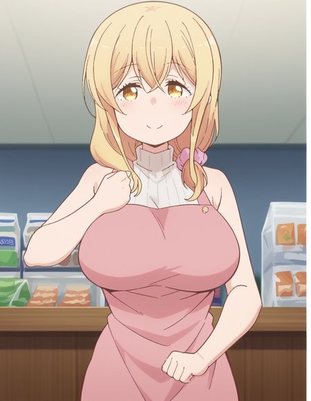 score_9, score_8_up, score_7_up, source_anime, <lora:ayaka-sunohara-s1-ponyxl-lora-nochekaiser:1>, ayaka sunohara, long hair, bangs, blonde hair, yellow eyes, mature female,, dress, sleeveless, apron, sweater, turtleneck, scrunchie, hair over shoulder, ribbed sweater, hair scrunchie, pink scrunchie,, grocery store, cashier, shopping bag, scanning items, small talk, everyday routine, smile, <lora:giorno-giovannas-pose-ponyxl-lora-nochekaiser:1>, giorno giovannas pose, giorno giovanna's pose (jojo), jojo pose, hand up, arm up, clenched hand, hand on waist, blush, shirt, smile, bed room, cowboy shot, looking at viewer, solo,, dutch angle, cowboy shot