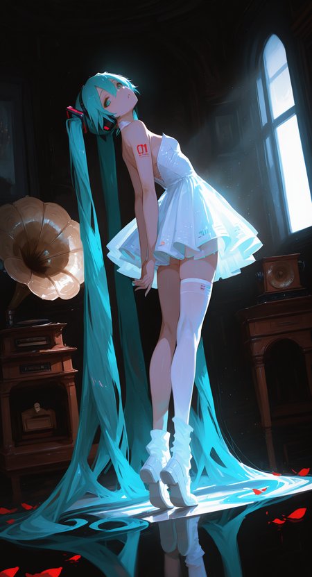 masterpiece, best quality, good quality, very aesthetic, absurdres, newest, hatsune miku, 1girl, solo, long hair, looking at viewer, hair ornament, dress, thighhighs, hair between eyes, bare shoulders, very long hair, twintails, green eyes, full body, parted lips, green hair, socks, indoors, looking back, white dress, from behind, white thighhighs, aqua eyes, see-through, head tilt, strapless, petals, aqua hair, headphones, white socks, white footwear, short dress, single thighhigh, strapless dress, light particles, floating, asymmetrical legwear, reflection, backlighting, leaning back, absurdly long hair, uneven legwear, tiptoes, shoe soles, single sock, reflective floor, phonograph, arched back,
shadowy lighting, cinematic atmosphere,dynamic angle, <lora:ponyv5_noobV065S_1_adamW-000013:0.75> <lora:USNR_STYLE_XL_lokr:0.45> <lora:EtherSDXL:0.15> <lora:748cmSDXL:0.8>