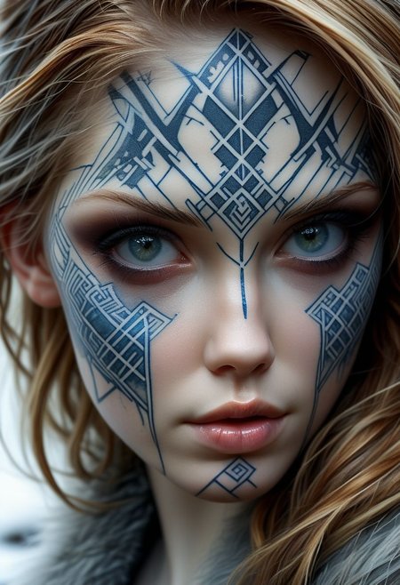 Nordic Rune tattoo on girls face, close-up, by Minjae Lee, Carne Griffiths, Emily Kell, Steve McCurry, Geoffroy Thoorens, Aaron Horkey, Jordan Grimmer, Greg Rutkowski, amazing depth, double exposure, surreal, geometric patterns, intricately detailed, bokeh,  perfect balanced, deep fine borders, artistic photorealism , smooth,  great masterwork by Suiras  <lora:add-detail-xl:2>  <lora:Double_Exposure:0.5>