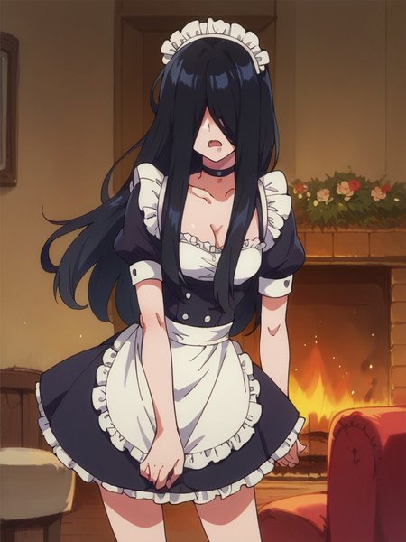 score_9, score_8_up, score_7_up,  
1girl, zenshu, black hair, long hair, hair over eyes,
frown, open mouth,
standing, indoors, fireplace, maid, cleavage, small breasts, short sleeves, short dress, choker,