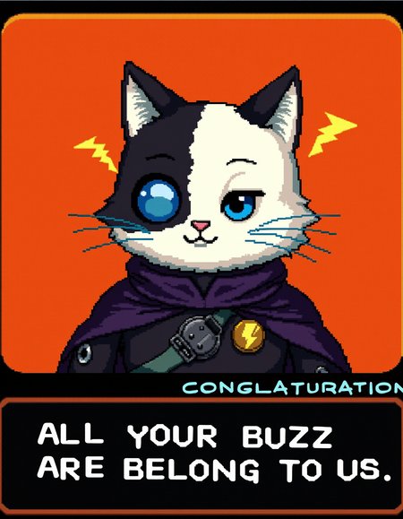 A cyborg-like cat with fluffy and white and black fur, a cybernetic implant on his left eye, and a futuristic military uniform is seen on the screen. He is wearing a dark purple cape with black and grey details, and a pin with a yellow thunder symbol. The background is a solid orange color. The text on the screen below the character reads, "ALL YOUR BUZZ ARE BELONG TO US."   The text on the screen above the character reads, "CONGLATURATION". The scene has an 8-bit or 16-bit pixel art style, with a retro sci-fi aesthetic typical of early 1990s video games.