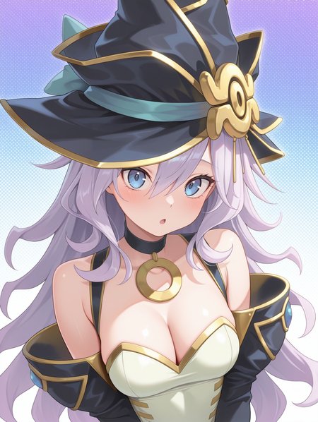 nightmare apprentice,1girl,solo,cleavage,open mouth,looking at viewer,upper body,medium breasts,polka dot background,white leotard,black choker,black detached sleeves,black witch hat,
masterpiece,best quality,amazing quality,very aesthetic,absurdres,newest,<lora:Nightmare Apprentice illuXL v1:0.72>,