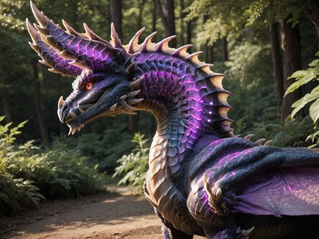 <lora:MH_Alatreon_a1_16_PonyXL:.6>, score_9,score_8_up,score_7_up, nature photography, (Close up, extreme closeup, extreme portrait), cropped photo,
headshot side profile
alatreon,feral,(glowing purple:1.4),by smewed,(by claweddrip:0.5),solo,hi res,detailed background,forest, looking back at viewer, facing viewer,extreme detail
,detailed eyes,tail,red sclera,yellow eyes,wings,hands on ground,
sunlight,  hardlight , bloom, translucent, subsurface scattering, sharp hyper detailed, (shiny metallic skin:1.2), (ultra-detailed scales:1.1), glowing, <lora:RM_Enhancer_v1.0_bf16:.1> <lora:p:.2> <lora:Add_More_details_SD3:.5>