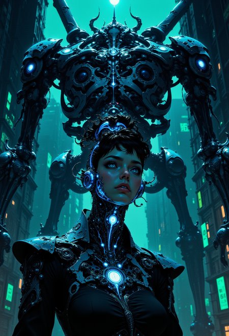 A captivating woman with bioluminescent cybernetic implants and sleek, futuristic attire gazes forward, her glowing circuits pulsing like veins. The skeletal structures of a biomechanical behemoth in the distance add depth, framing her as a symbol of resilience in a post-apocalyptic world. (elaborate fine details:1.1), (hyperdetailed:1.1), (intricate details:1.0), (Refined details:1.1), (best quality:1.1), (high resolution:1.2)