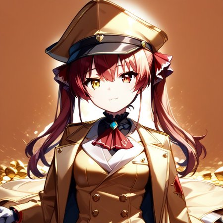 score_9, score_8_up, score_7_up, super aesthetic, rating:safe, rating:general, DeaverStyle, 1girl, solo, aua, red eyes, yellow eyes, heterochromia,  gold clothing, gold hat, fully-clothed, gloves, big coat, illustration, gold, cute, shiny skin, vivid colors, treasure room, gold treasure,