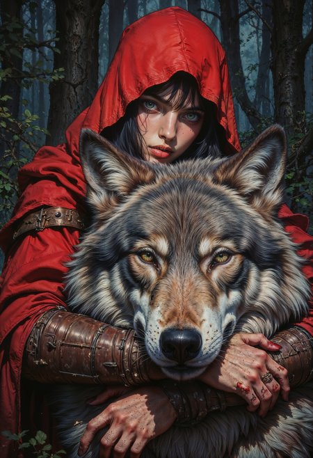Highly detailed and dramatic digital artwork featuring a young woman with striking green eyes and fair skin, wearing a vibrant red hooded cloak. Her dark hair is slightly wet, suggesting a rainy or misty environment. She is closely embracing a large, realistic wolf with a thick, textured fur coat. The wolf's eyes are piercing and its fur is intricately detailed, with a natural gray and white pattern. The woman's hand, with red-stained fingers, rests gently on the wolf's head, adding a sense of unity and connection between them. The background is a dark, dense forest, enhancing the mysterious and enchanting atmosphere of the scene. The overall composition is rich in color and texture, emphasizing the bond between the woman and the wolf.  <lora:FluxMythG0thicL1nes:0.6> <lora:FluxMythR3alisticF:0.5> <lora:RetroAnimeFluxV1:0.6> <lora:OB半写实肖像画V2.0:0.6>