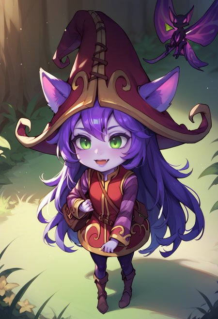 score_9, score_8_up, score_7_up,1u1u, lulu, 1girl, green eyes, yordle, colored skin, purple skin,long hair, purple hair, animal ears,dress, long sleeves,hat, witch hat, ears through headwear, boots, fairy  <lora:Lulu_Default_v2:0.8>