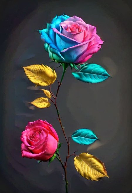 (full Rose blue pink red yellow). 3D. cycles render,caustics,artstation,hyper realistic,detailed,photography,volumetric,ultra detailed,intricate detail,32k,, (reflection background black), leaves