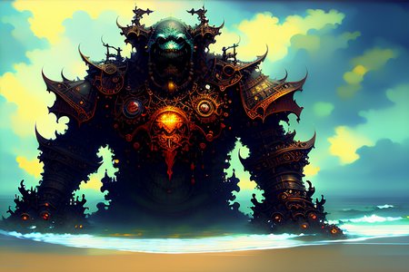 a painting of a  huge  monster ,rising from the ocean, dark, high detail, creepy, terror , ominous, art by onche_ondulay