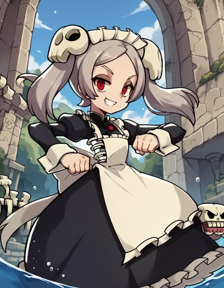 score_9, score_8_up, score_7_up, source_anime, <lora:skullgirls-marie-ingame-ponyxl-lora-nochekaiser:1>, marie, hair ornament, red eyes, twintails, skull, skull hair ornament, grey hair, forehead,, apron, maid, maid headdress, long sleeves, wrist cuffs,, aqueduct, water, stone, arches, ancient, smile, <lora:mochi-mochi-ponyxl-lora-nochekaiser:1>, mochi mochi dance, clenched hands, hands up,, looking at viewer, solo,, dutch angle, cowboy shot