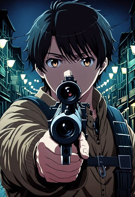 high resolution, solo, best quality, 1Boy, Inaho Kaizuka, Black Hair, portrait, midnight, dim street lights, mysterious, threatening, gun, aiming the gun to the viewer, OverallDetail