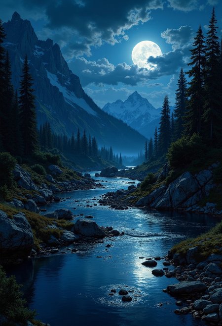 oil painting, a painting of a river and moon in the night, in the style of post-apocalyptic themes, slender, airbrush art, ominous, cinematic sets