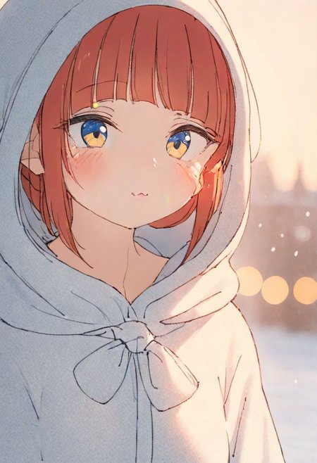 (Blondie:1.0),photograph of a cute adult girl, redhair, pale skin, freckles, blush, innocent, petite and youthful face, silver blue eyes, wearing a cloak, city christmas festival, snowfall, Porta 160 color, shot on ARRI ALEXA 65, bokeh, sharp focus on subject, shot by Don McCullin, nsfw, (natural skin texture, hyperrealism, soft light, sharp), (perfect round eyes:1.3), Capture the essence of her beauty, Enrich the composition with soft, diffused natural light that accentuates the textures and colors, creating a timeless and culturally rich image, EyeDetail-SDXL, fFaceDetail-SDXL