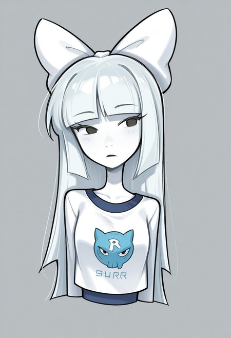 1girl, solo, PA (Sburb.exe), White hair, straight hair, hair bow, blunt bangs, Simple eyes, black eyes, White bow, Colored skin, white skin,