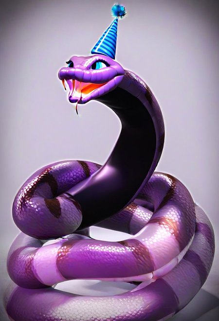 Cute (massive huge eyed), snake, (wearing a party hat), birthday  party theme, happy  facial expression, 4k, high detail, high quality, realistic, full body,