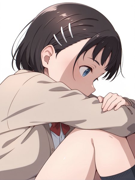 masterpiece,best quality,newest,1girl,solo,
<lora:p_suguha_v1.0:1>,p_sugu,hairclip,green eyes,
white shirt,red bow tie,cardigan,kneehighs,
<lora:Fixhands_anime_bdsqlsz_V1:1>,blush,simple background,white background,upper_body,hugging own legs,looking ahead,profile,