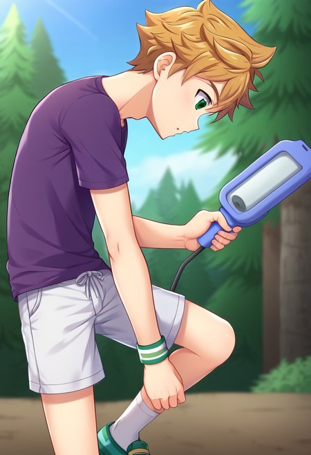 connor, blond hair, bangs. green eyes, short hair, camp buddy, boy, wear dark purple shirt, solo, young, white shorts, outdoor, sunny day, clear sky, proportional body, (balance body:1.20), strong leg, handfixer