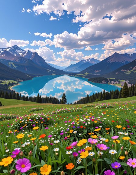 Beautiful summer meadow full of tiny colorful flowers, leading down to a crystal blue lake surrounded by snow capped mountain peaks, This picturesque scene is beautifully mirrored in the tranquil waters of the lake, in the distance layers of mountains strech to the horizon in shades of blue, mysterious fog envelops the landscape, adding depth and atmosphere to the composition, ultra-detailed, hyper-detailed, ambient lighting, volumetric lighting, (masterpiece), (Amazing quality), (phenomenal aesthetic), cinematic moment, 8K<lora:FLUX_Ghibsky_Illustrations.safetensors:0.8:1.0>