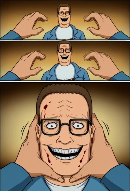 incrssnootchallenge, comic, pov hands, motion lines, motion blur, 1boy, hank hill, white shirt, glasses, belt, blue jeans, psychotic smile, evil expression,  bulging eyes, smiling at viewer,(blood on face:1.1), grin, evil smile, Sinister_Smile, shadow on the face, Yellow_Teeth, Macabre, Terror, Menacing_Smile, Disturbing_Expression, Grotesque_Style, Intense_Colors, Dark_Contrast,