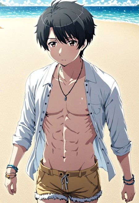 high resolution, solo, best quality, 1Boy, Inaho Kaizuka, Black Hair, shallow depth of field, beach, open shirt, shorts, sixpack, necklace, bracelet, OverallDetail