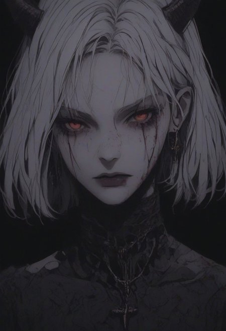 score_9, score_8_up, score_7_up, flat color, blood dripping from mouth, demon girl, demon horns, gthan, gothic, jewelry, red eyes, solo, blood, earrings, cross, 1girl, black background, looking at viewer, portrait, short hair, necklace, blood on face, cross necklace, simple background, spot color, closed mouth, white hair, cross earrings