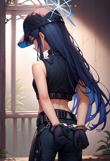 score_9, score_8_up, score_7_up, source_anime,  <lora:HandcuffsV2-000009:1>, 1girl, solo, handcuffs, cuffs, <lora:ba_saori_ponyXL:1>, saoridef, black headwear, baseball cap, halo, long sleeves, black shirt, sleeveless shirt, crop top,  black gloves, black pants, black belt, bare shoulders, from behind