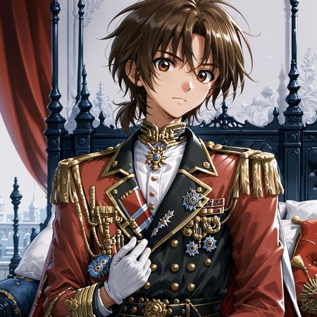 safe_pos, safe_pos, Score_9,score_8_up,score_7_up, Highly detailed, masterpiece, high quality, beautiful, high resolution, good details, 1boy, 1boy, sexy (cute petite boy), source_anime, skinny, aged down, petite, Boy, detailed background, gloves, 

dan_kuso, brown hair, brown eyes, 

, aiguillette, military, uniform, male focus, looking at viewer, white gloves, epaulettes