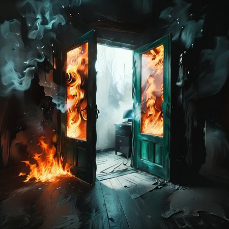 <lora:flame silhouette:1>,  <lora:flame:1>, flame,
burning office green door, office,
graphic style of novel comics, perfect hands, 2d,
8k, hyperrealism, masterpiece, high resolution, best quality, ultra-detailed, super realistic, Hyperrealistic art, high-quality, ultra high res, highest detailed, lot of details, Extremely high-resolution details, incredibly lifelike, colourful, soft cinematic light,