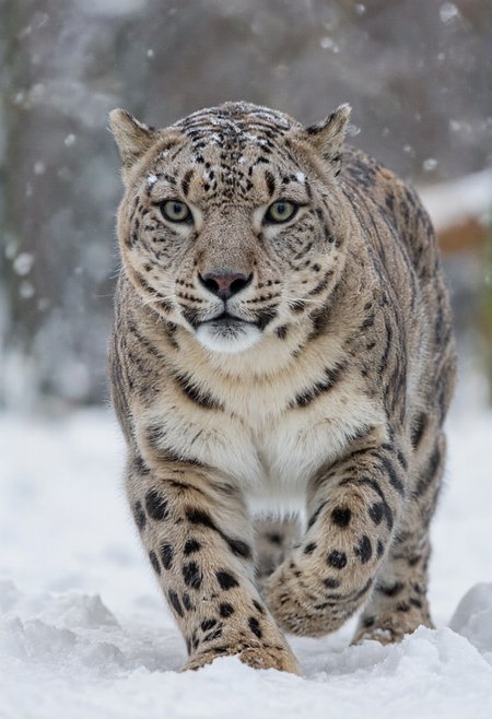 Close-up of a snow leopard walking directly towards the camera in a snowy environment, with snow covering its fur and the ground around it, against a blurred background., aidmamjv7, aidmaimageupgrader <lora:aidmaMJv7-FLUX-v0.1:0.8> <lora:aidmaImageUprader-FLUX-v0.3:0.4>