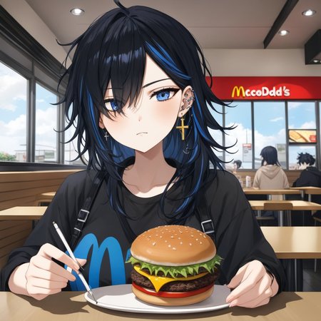 yuu, bangs, closed mouth, cross earrings, ear piercing, earrings, hair covering one eye, jewelry, messy black hair, piercing, solo, blue streaked hair, hair over shoulder, two-tone hair, breasts, best quality, anime drawing, virtual youtuber, 
indoors, mcdonalds, hamburger, POV sitting, 
 <lora:YUU-XL-t6-000001:0.6>