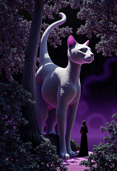 ancientstyle, abstract digital art, a giant cat made out of pure shining silver metal sits on a large tree looking down. A small woman in black robes looks up at the cat her long black hair flowing in the wind. Intricate dot and line patterns, purple and black background, wavy patterns, surreal, hypnotic, otherworldly, fluid motion, high contrast, minimalistic, dark background, vibrant colors, psychedelic, low-angle_view