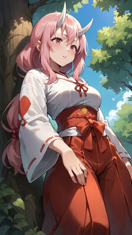 score_9,score_8_up,score_7_up,score_6_up, source_anime, zPDXL, <lora:Shuna - Pony-000004:0.7>,  girl, low-tied long hair, pink hair, white oni horns, pink eyes, miko, red hakama, <lora:Wakfu_CartoonV02:0.5>, <lora:xl_more_art-full_v1:0.5>, laying agains a tree, outdoors, (sunbeam), tree shade, trees, (sunbeam through leaves), low angle, dense foliage,